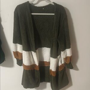 Green and White Cardigan Sweater with Cozy Knit Texture